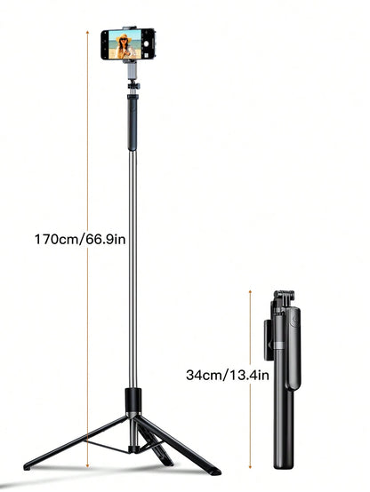 Latest 170cm/66.9in Bluetooth Remote Control Selfie Stick & Phone Holder, Suitable For Video Shooting, Life Recording, Extendable, 360° Rotation, Anti-Shake, Foldable Portable Tripod Monopod For Summe