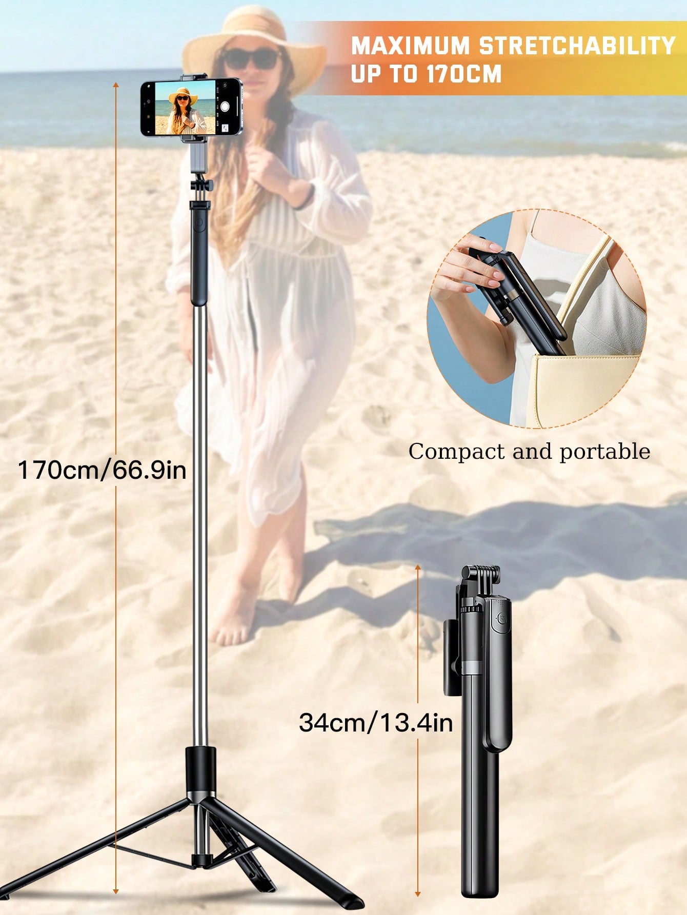 Latest 170cm/66.9in Bluetooth Remote Control Selfie Stick & Phone Holder, Suitable For Video Shooting, Life Recording, Extendable, 360° Rotation, Anti-Shake, Foldable Portable Tripod Monopod For Summe
