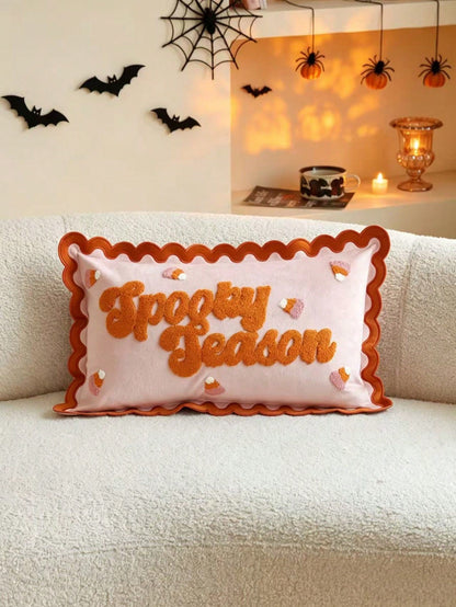 LCUHPCL 1pc Halloween Ruffle Candy Letter 3D Towel Embroidery Spooky Season Pillow Case, Suitable For Bedroom, Living Room, Sofa, Daily Party And Other Environments
