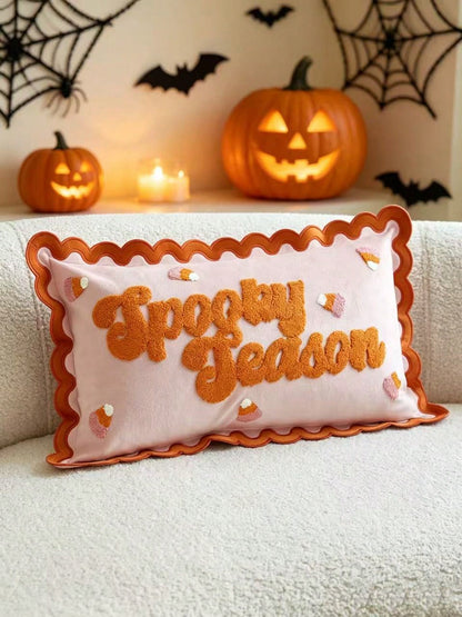 LCUHPCL 1pc Halloween Ruffle Candy Letter 3D Towel Embroidery Spooky Season Pillow Case, Suitable For Bedroom, Living Room, Sofa, Daily Party And Other Environments