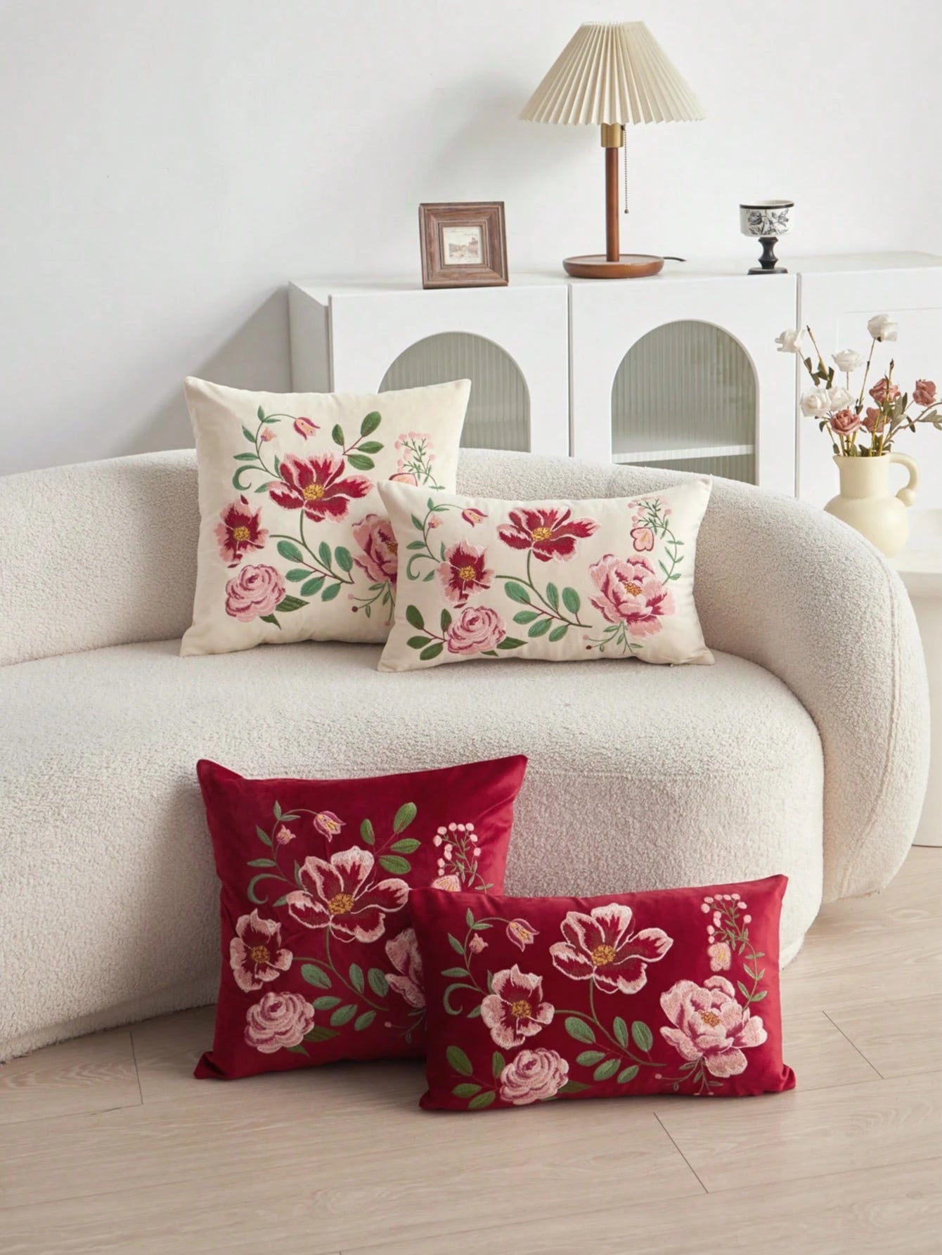 LCUHPCL 1pc Red Floral Embroidered Velvet Throw Pillow Cover, Home Decor Suitable For Living Room, Bedroom, Party, Car, Sofa And Various Environments, All Season