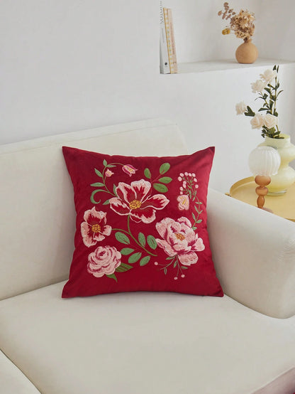 LCUHPCL 1pc Red Floral Embroidered Velvet Throw Pillow Cover, Home Decor Suitable For Living Room, Bedroom, Party, Car, Sofa And Various Environments, All Season