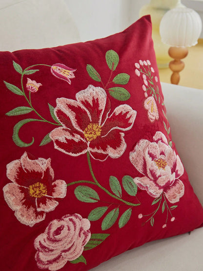 LCUHPCL 1pc Red Floral Embroidered Velvet Throw Pillow Cover, Home Decor Suitable For Living Room, Bedroom, Party, Car, Sofa And Various Environments, All Season