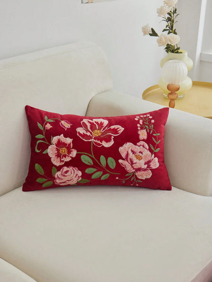 LCUHPCL 1pc Red Floral Embroidered Velvet Throw Pillow Cover, Home Decor Suitable For Living Room, Bedroom, Party, Car, Sofa And Various Environments, All Season