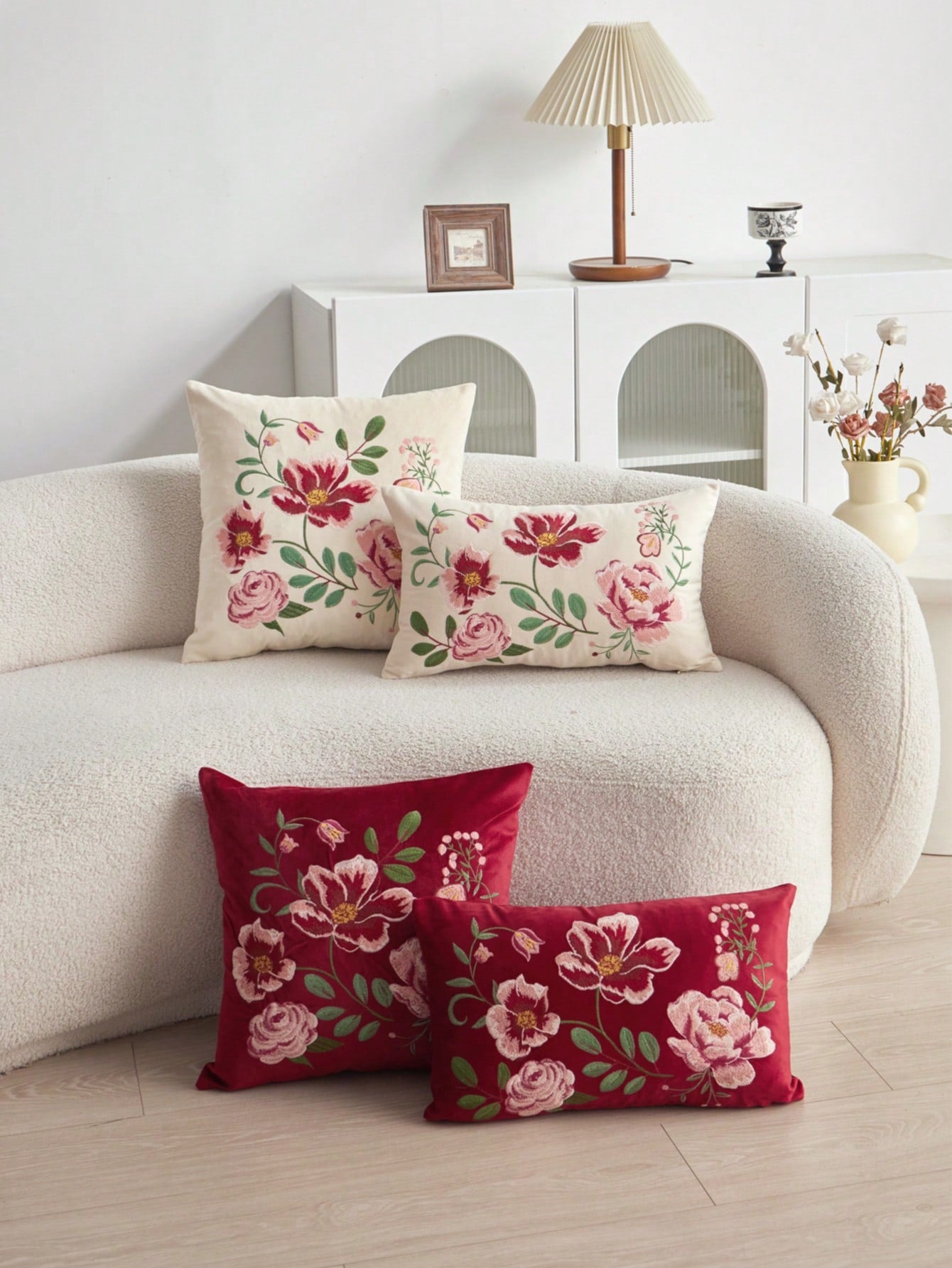 LCUHPCL 1pc Red Floral Embroidered Velvet Throw Pillow Cover, Home Decor Suitable For Living Room, Bedroom, Party, Car, Sofa And Various Environments, All Season