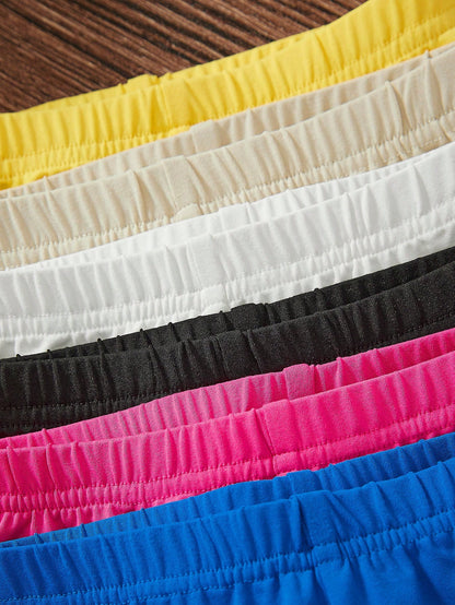 Leap Crew 6pcs Babygirl Snug Fit Solid Color Elastic Waist Knit Shorts, Versatile For Summer