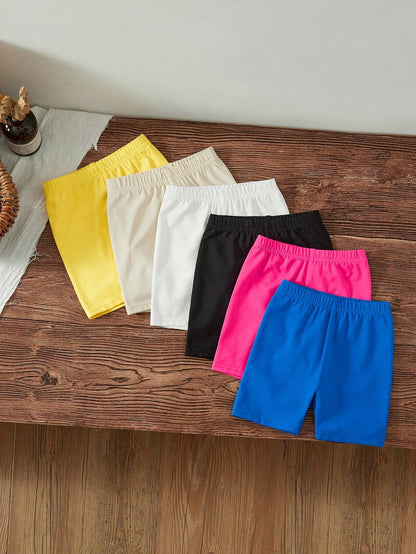 Leap Crew 6pcs Babygirl Snug Fit Solid Color Elastic Waist Knit Shorts, Versatile For Summer