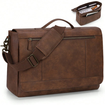 Leather Messenger Bag For Men 15.6 Inch Laptop Bag Vintage Briefcase Large Computer Bag Satchel Shoulder Bag For College,Work,Business,Office