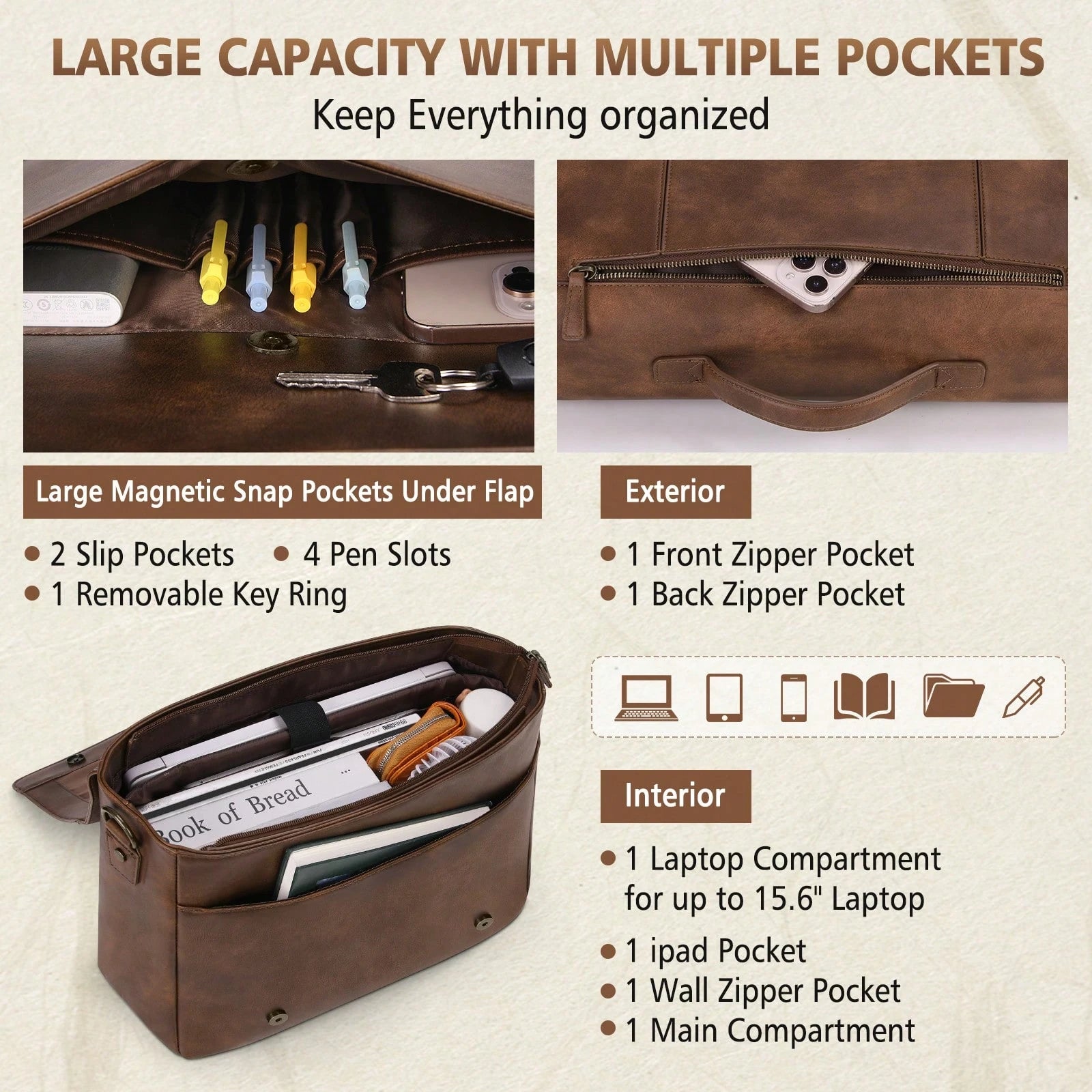 Leather Messenger Bag For Men 15.6 Inch Laptop Bag Vintage Briefcase Large Computer Bag Satchel Shoulder Bag For College,Work,Business,Office