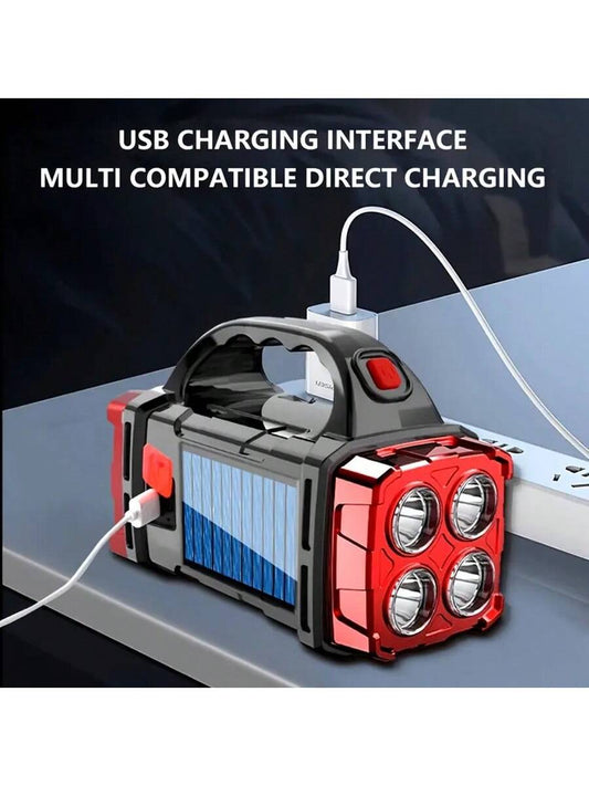 LED Solar Camping Light- Bright, Portable, Rechargeable, With Power Bank Function, USB Port, And LED Flashlight Features. It Boasts Long-Lasting Battery Life, A Durable Design, And Multiple Charging