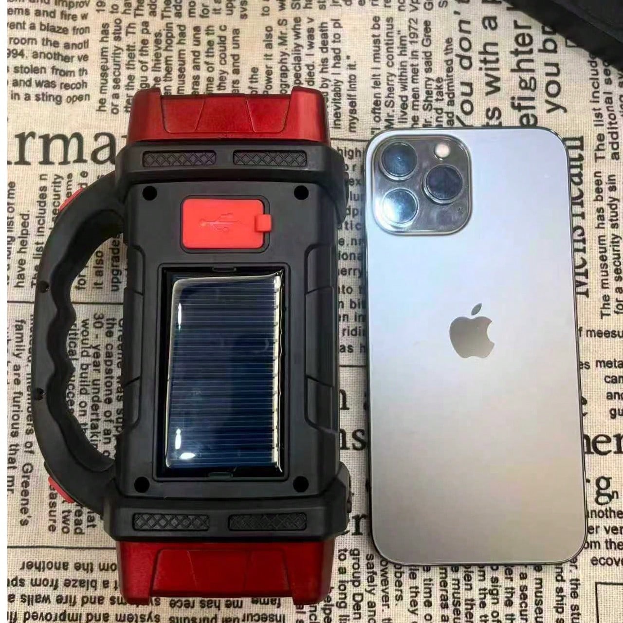 LED Solar Camping Light- Bright, Portable, Rechargeable, With Power Bank Function, USB Port, And LED Flashlight Features. It Boasts Long-Lasting Battery Life, A Durable Design, And Multiple Charging