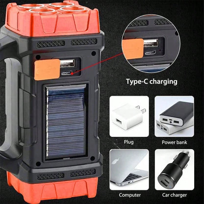 LED Solar Camping Light- Bright, Portable, Rechargeable, With Power Bank Function, USB Port, And LED Flashlight Features. It Boasts Long-Lasting Battery Life, A Durable Design, And Multiple Charging