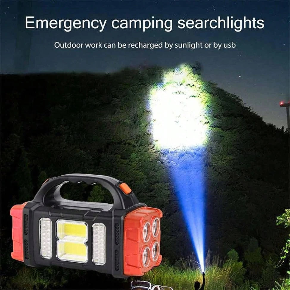 LED Solar Camping Light- Bright, Portable, Rechargeable, With Power Bank Function, USB Port, And LED Flashlight Features. It Boasts Long-Lasting Battery Life, A Durable Design, And Multiple Charging