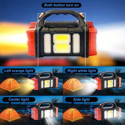 LED Solar Camping Light- Bright, Portable, Rechargeable, With Power Bank Function, USB Port, And LED Flashlight Features. It Boasts Long-Lasting Battery Life, A Durable Design, And Multiple Charging
