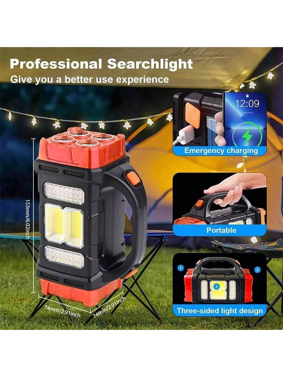 LED Solar Camping Light- Bright, Portable, Rechargeable, With Power Bank Function, USB Port, And LED Flashlight Features. It Boasts Long-Lasting Battery Life, A Durable Design, And Multiple Charging