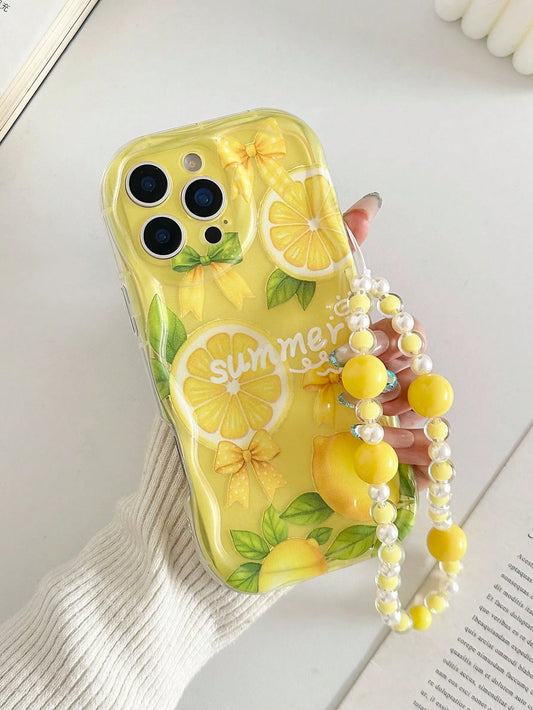 Lemon Fruit Painted Braided Wave Edge Transparent Attached Bracelet Flat Printing Painted Anti-Drop Fashion Cute Compatible With IPhone 17/ 17 Pro/ 17 Pro Max/ 16/ 16 Pro/ 16 Pro Max/ 16 Plus/10 Cases