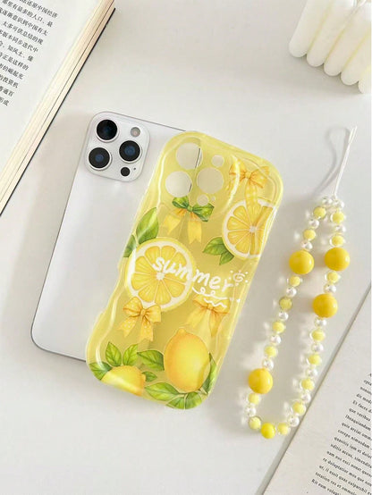 Lemon Fruit Painted Braided Wave Edge Transparent Attached Bracelet Flat Printing Painted Anti-Drop Fashion Cute Compatible With IPhone 17/ 17 Pro/ 17 Pro Max/ 16/ 16 Pro/ 16 Pro Max/ 16 Plus/10 Cases