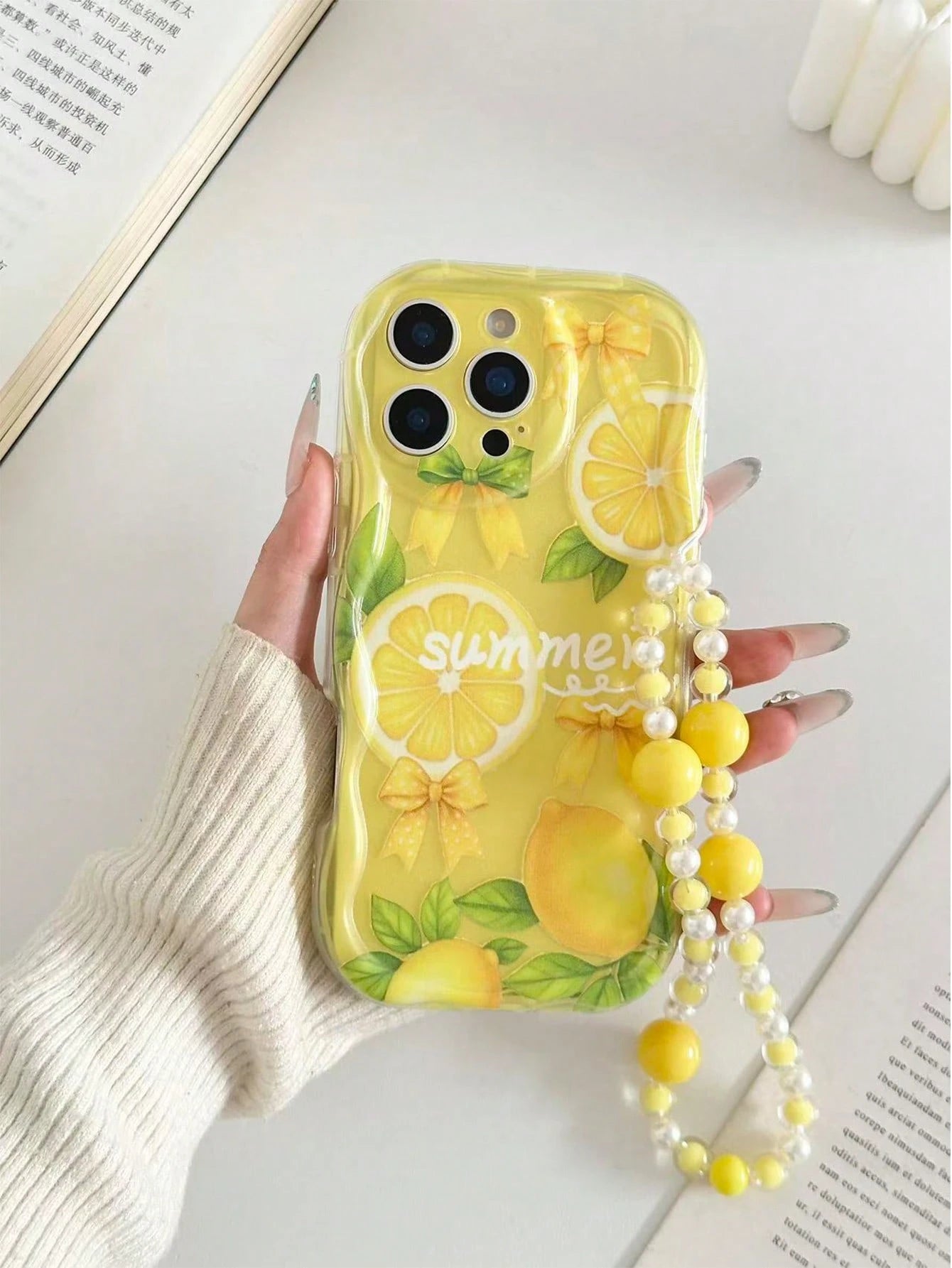Lemon Fruit Painted Braided Wave Edge Transparent Attached Bracelet Flat Printing Painted Anti-Drop Fashion Cute Compatible With IPhone 17/ 17 Pro/ 17 Pro Max/ 16/ 16 Pro/ 16 Pro Max/ 16 Plus/10 Cases