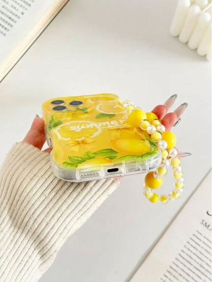 Lemon Fruit Painted Braided Wave Edge Transparent Attached Bracelet Flat Printing Painted Anti-Drop Fashion Cute Compatible With IPhone 17/ 17 Pro/ 17 Pro Max/ 16/ 16 Pro/ 16 Pro Max/ 16 Plus/10 Cases