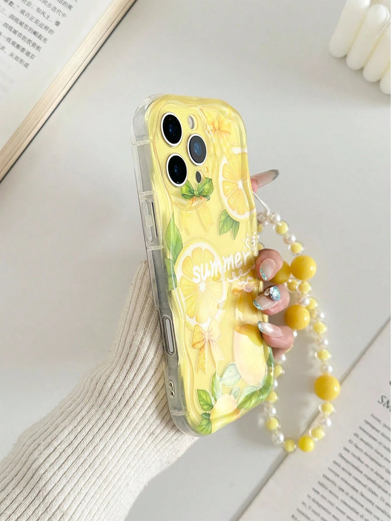 Lemon Fruit Painted Braided Wave Edge Transparent Attached Bracelet Flat Printing Painted Anti-Drop Fashion Cute Compatible With IPhone 17/ 17 Pro/ 17 Pro Max/ 16/ 16 Pro/ 16 Pro Max/ 16 Plus/10 Cases