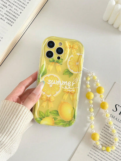 Lemon Fruit Painted Braided Wave Edge Transparent Attached Bracelet Flat Printing Painted Anti-Drop Fashion Cute Compatible With IPhone 17/ 17 Pro/ 17 Pro Max/ 16/ 16 Pro/ 16 Pro Max/ 16 Plus/10 Cases
