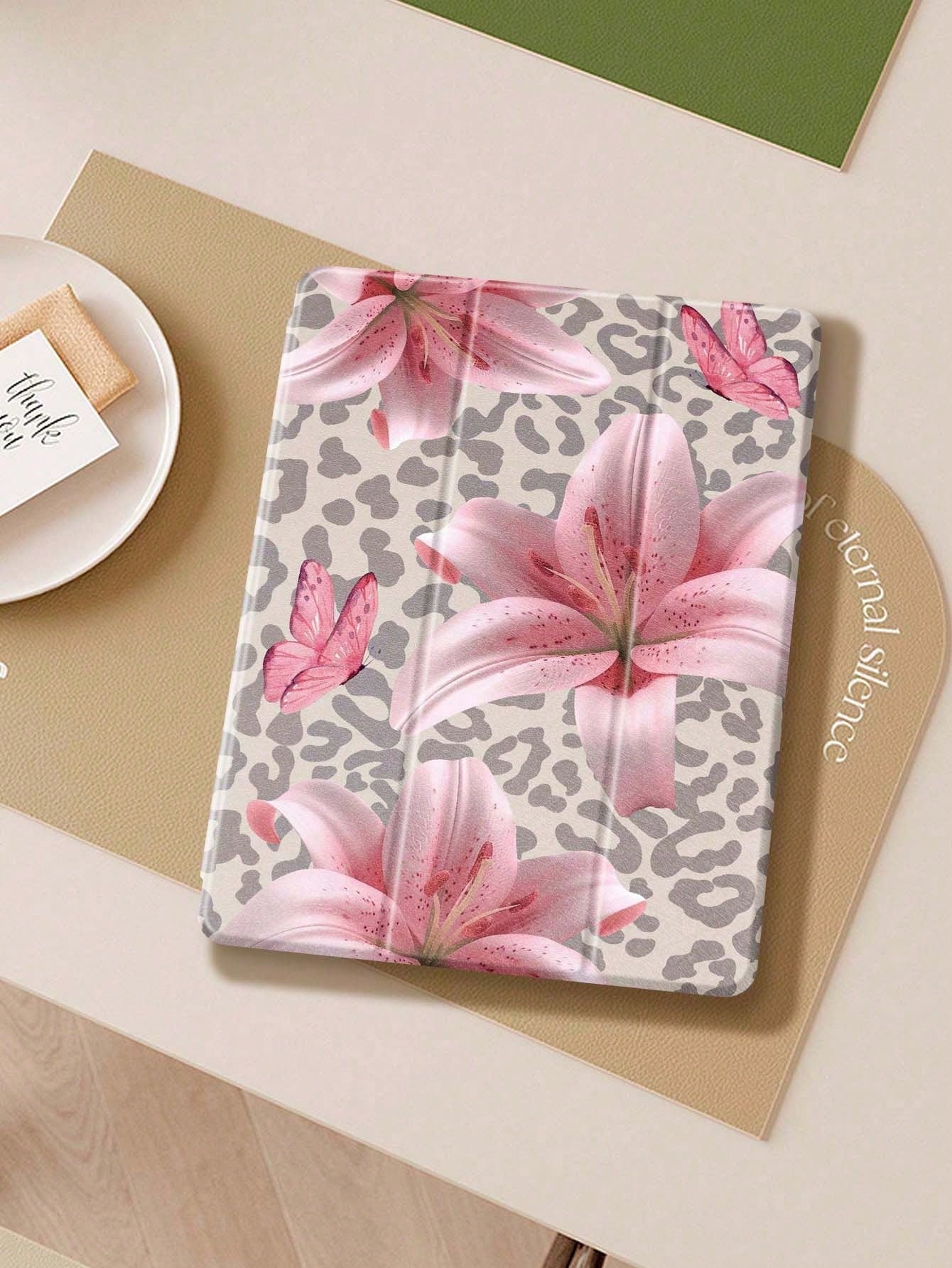 Leopard Print Lily IPad Case Compatible With IPad Air 4/5 10.9 Inch, IPad 7/8/9th 10.2 Inch, Built-In Pencil Slot Compatible With Samsung Tab S6 10.4 Inch, Tab A7 Lite 8.7 Inch, Ins Style Leather Case