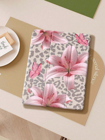 Leopard Print Lily IPad Case Compatible With IPad Air 4/5 10.9 Inch, IPad 7/8/9th 10.2 Inch, Built-In Pencil Slot Compatible With Samsung Tab S6 10.4 Inch, Tab A7 Lite 8.7 Inch, Ins Style Leather Case