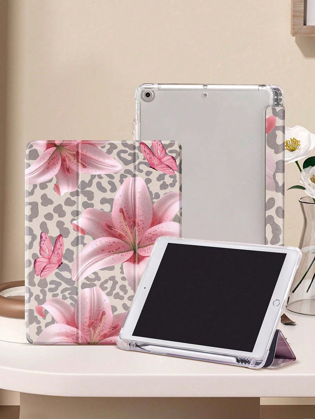 Leopard Print Lily IPad Case Compatible With IPad Air 4/5 10.9 Inch, IPad 7/8/9th 10.2 Inch, Built-In Pencil Slot Compatible With Samsung Tab S6 10.4 Inch, Tab A7 Lite 8.7 Inch, Ins Style Leather Case