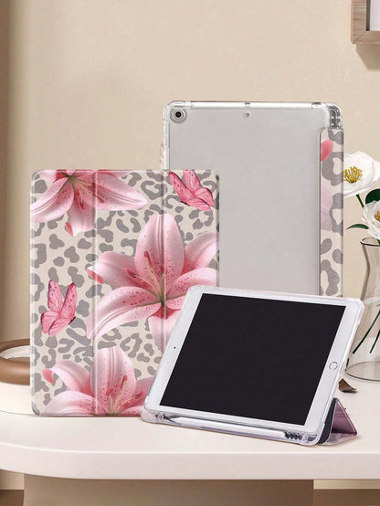 Leopard Print Lily IPad Case Compatible With IPad Air 4/5 10.9 Inch, IPad 7/8/9th 10.2 Inch, Built-In Pencil Slot Compatible With Samsung Tab S6 10.4 Inch, Tab A7 Lite 8.7 Inch, Ins Style Leather Case