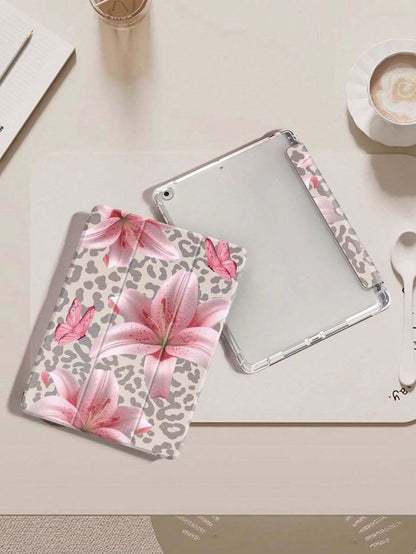 Leopard Print Lily IPad Case Compatible With IPad Air 4/5 10.9 Inch, IPad 7/8/9th 10.2 Inch, Built-In Pencil Slot Compatible With Samsung Tab S6 10.4 Inch, Tab A7 Lite 8.7 Inch, Ins Style Leather Case
