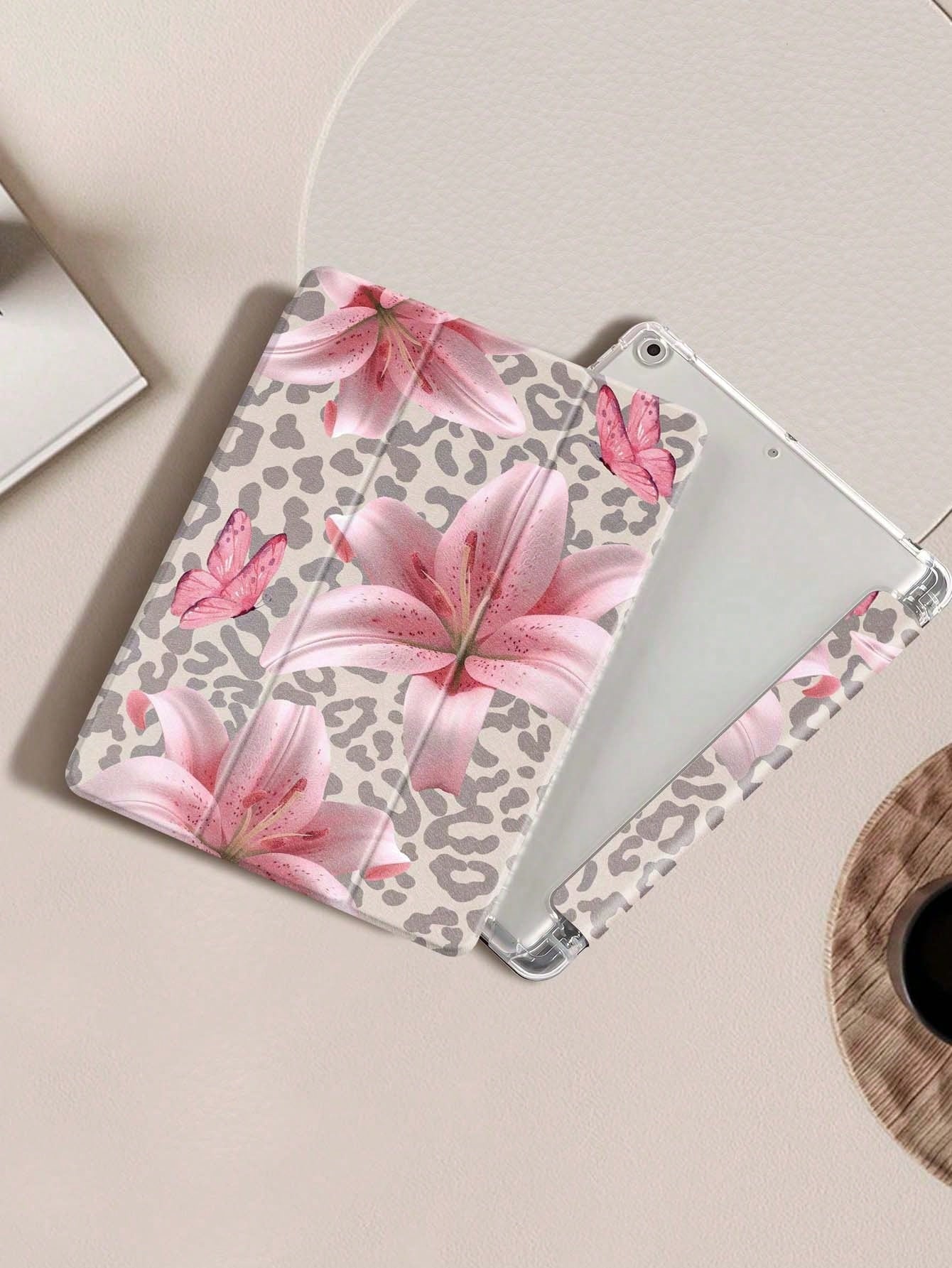 Leopard Print Lily IPad Case Compatible With IPad Air 4/5 10.9 Inch, IPad 7/8/9th 10.2 Inch, Built-In Pencil Slot Compatible With Samsung Tab S6 10.4 Inch, Tab A7 Lite 8.7 Inch, Ins Style Leather Case