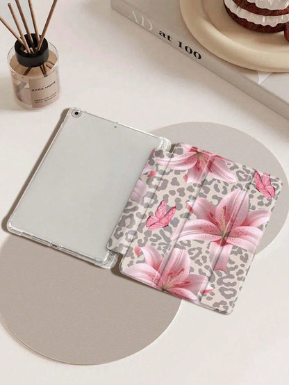 Leopard Print Lily IPad Case Compatible With IPad Air 4/5 10.9 Inch, IPad 7/8/9th 10.2 Inch, Built-In Pencil Slot Compatible With Samsung Tab S6 10.4 Inch, Tab A7 Lite 8.7 Inch, Ins Style Leather Case
