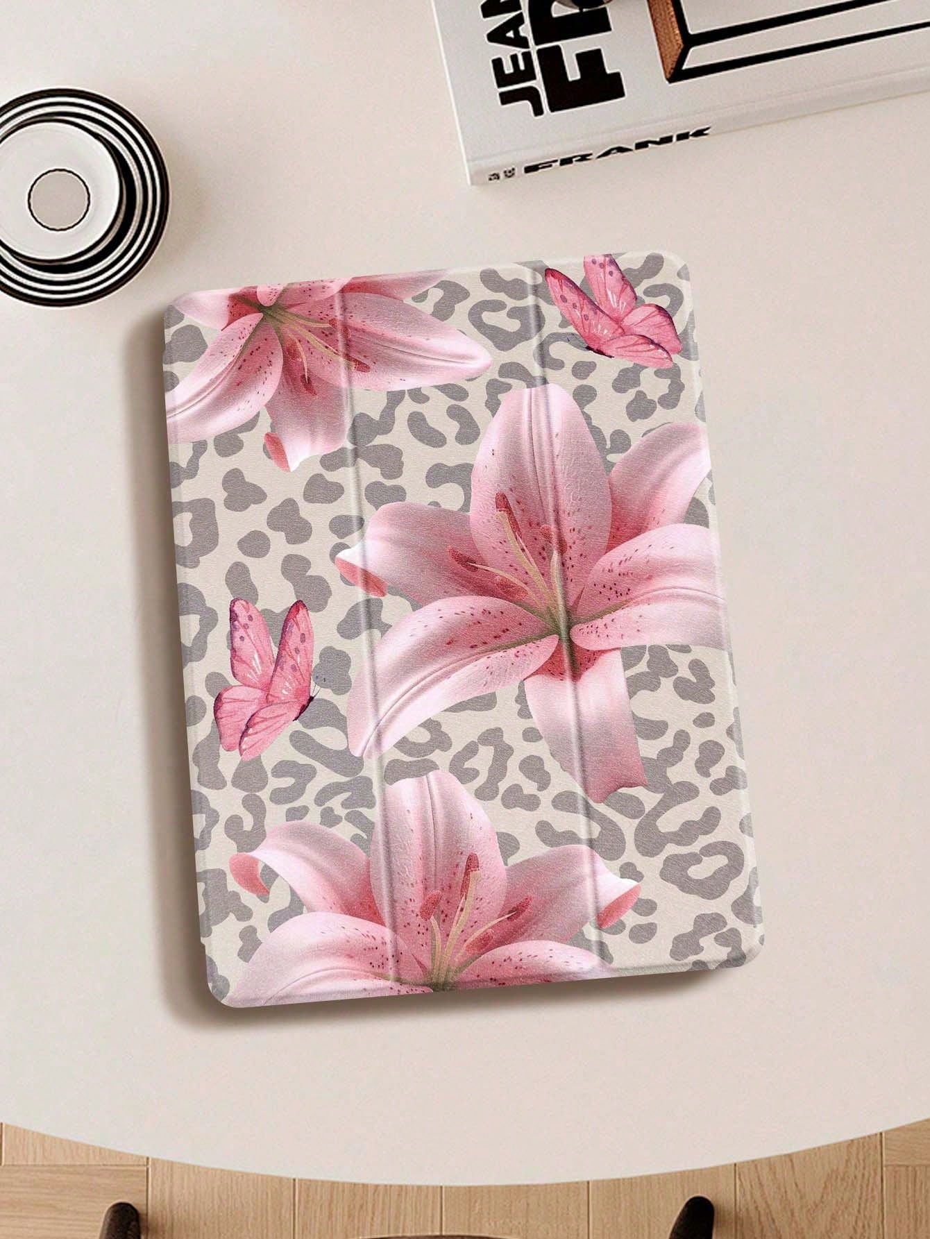 Leopard Print Lily IPad Case Compatible With IPad Air 4/5 10.9 Inch, IPad 7/8/9th 10.2 Inch, Built-In Pencil Slot Compatible With Samsung Tab S6 10.4 Inch, Tab A7 Lite 8.7 Inch, Ins Style Leather Case
