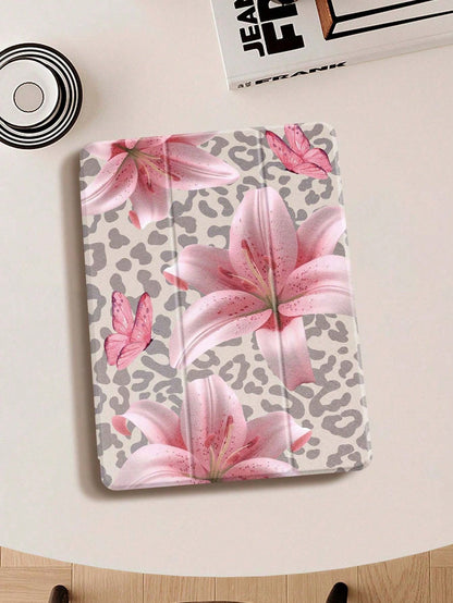 Leopard Print Lily IPad Case Compatible With IPad Air 4/5 10.9 Inch, IPad 7/8/9th 10.2 Inch, Built-In Pencil Slot Compatible With Samsung Tab S6 10.4 Inch, Tab A7 Lite 8.7 Inch, Ins Style Leather Case