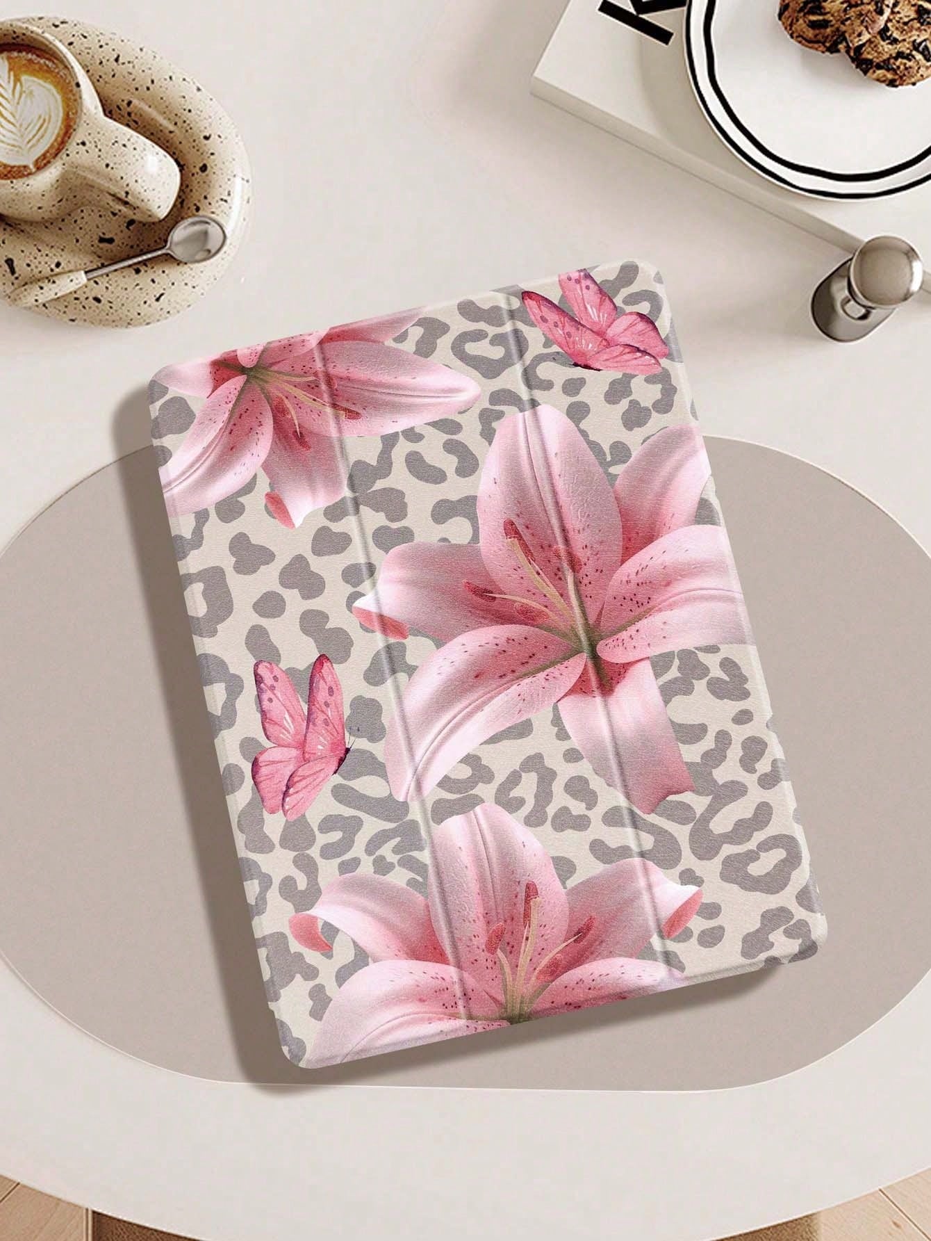 Leopard Print Lily IPad Case Compatible With IPad Air 4/5 10.9 Inch, IPad 7/8/9th 10.2 Inch, Built-In Pencil Slot Compatible With Samsung Tab S6 10.4 Inch, Tab A7 Lite 8.7 Inch, Ins Style Leather Case
