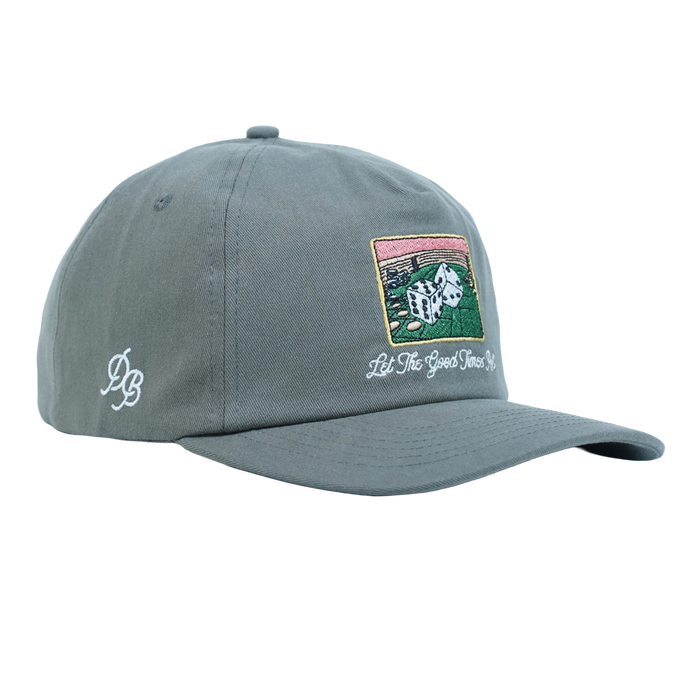 Let the Good Times Roll Casino Hat – Gray embroidered 5 panel snapback dad hat with dice design. Funny casino gift for dads from Dad Brand.