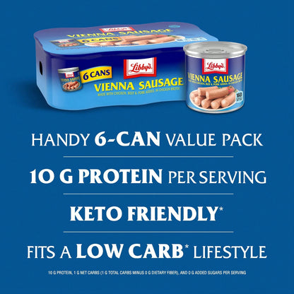 Libby’s Libby's Vienna Sausage, Ready To Eat Canned Meat, 10g Protein Per Serving, 4.6 Oz. Can (Bulk Pack Of 6)