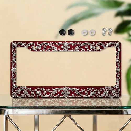 License Plate Frame, Car License Plate Frame (6.3 X 12.2inch), Burgundy Red Vintage Pattern License Plate Frame, Car Modification, Vehicle Parts, Gift For Car Enthusiasts, Gift For Vintage Enthusiasts