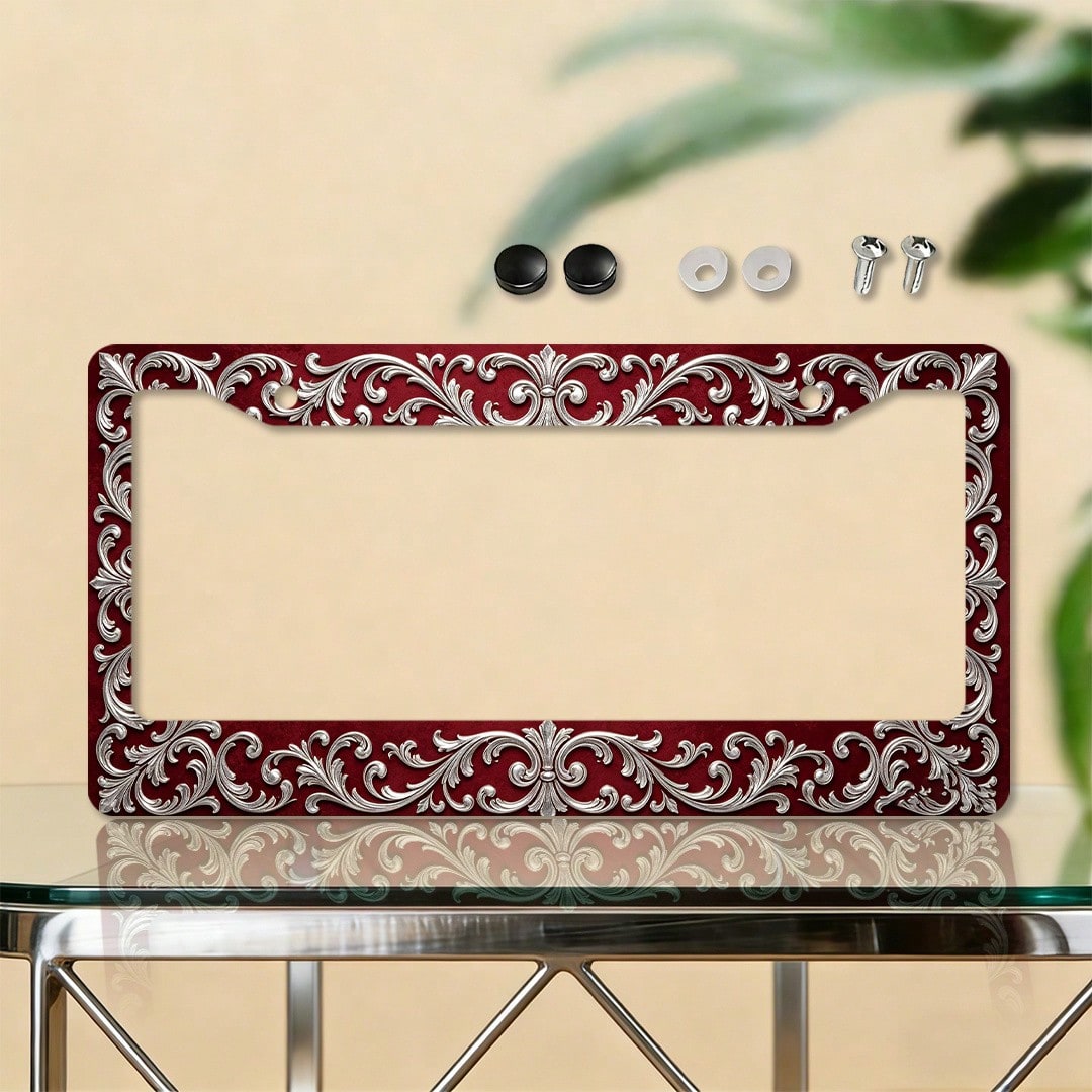 License Plate Frame, Car License Plate Frame (6.3 X 12.2inch), Burgundy Red Vintage Pattern License Plate Frame, Car Modification, Vehicle Parts, Gift For Car Enthusiasts, Gift For Vintage Enthusiasts