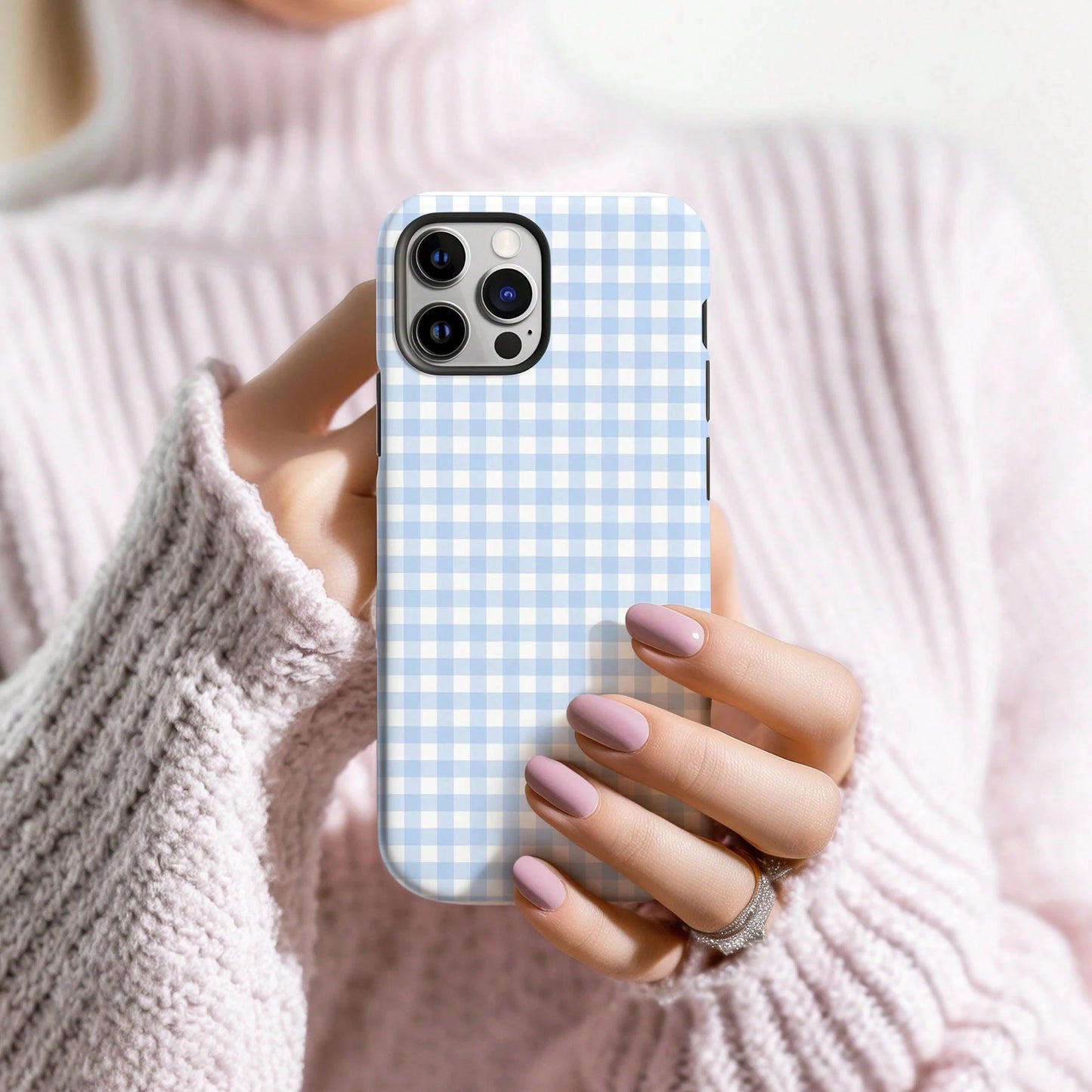 Light Blue Plaid Phone Case, Soft Plaid Striped Pattern Phone Case Compatible With IPhone 17, 16, 15 Plus, 14, 13, 12, 11 Pro Max