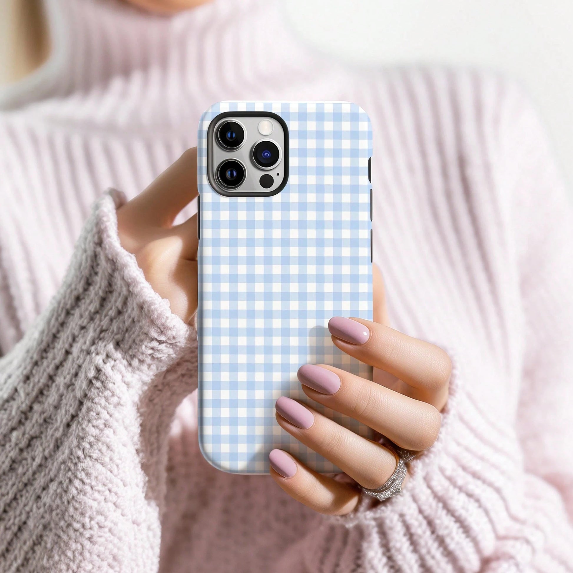 Light Blue Plaid Phone Case, Soft Plaid Striped Pattern Phone Case Compatible With IPhone 17, 16, 15 Plus, 14, 13, 12, 11 Pro Max