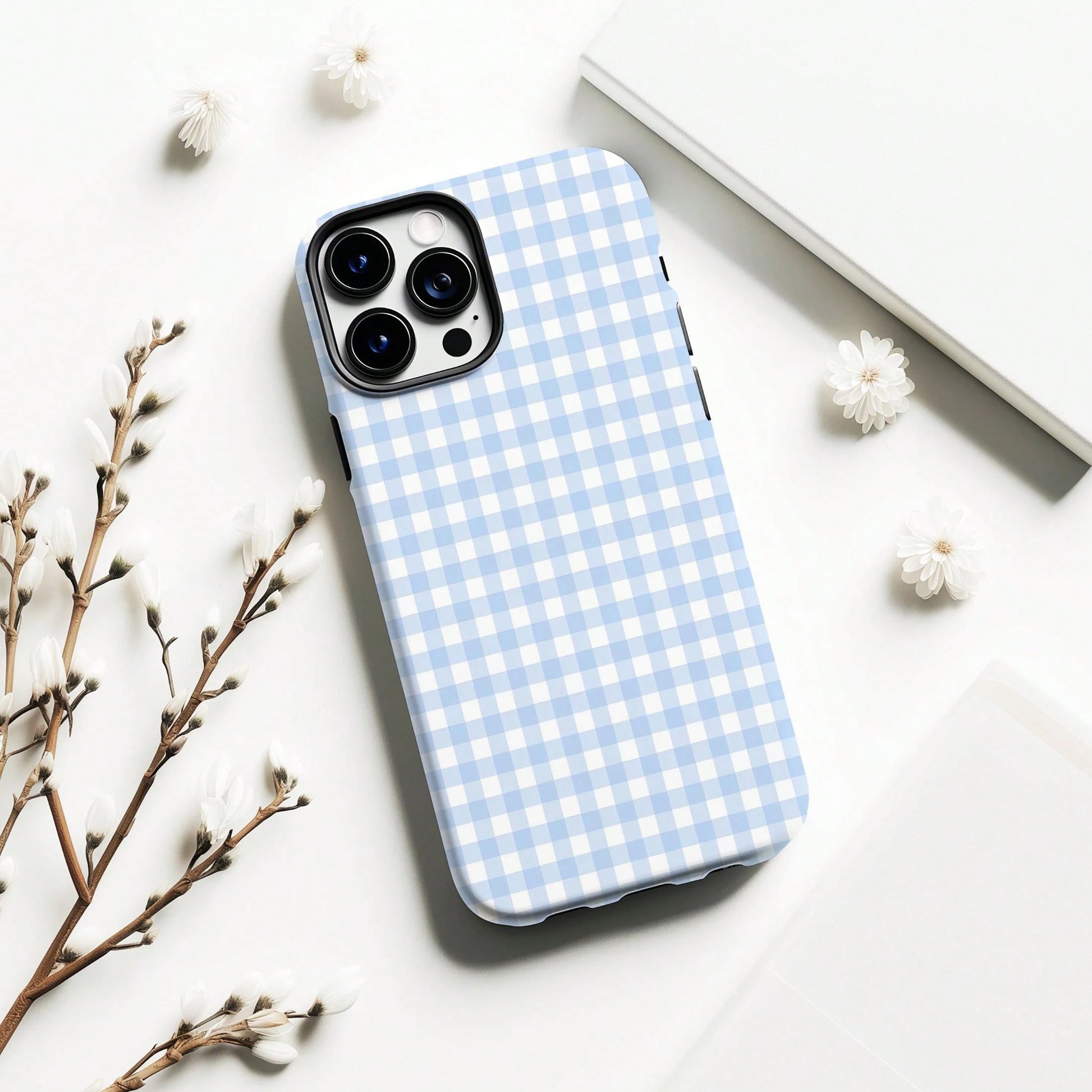 Light Blue Plaid Phone Case, Soft Plaid Striped Pattern Phone Case Compatible With IPhone 17, 16, 15 Plus, 14, 13, 12, 11 Pro Max