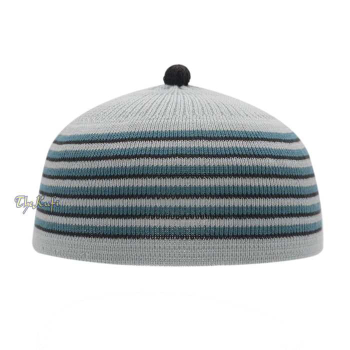 Light Gray with Turquoise and Black Lines Baby/Infant Kufi pom-pom Beanie