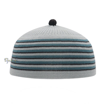 Light Gray with Turquoise and Black Lines Baby/Infant Kufi pom-pom Beanie