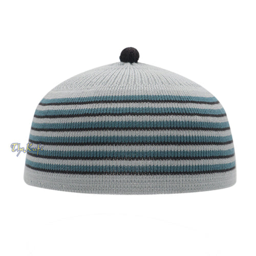 Light Gray with Turquoise and Black Lines Baby/Infant Kufi pom-pom Beanie