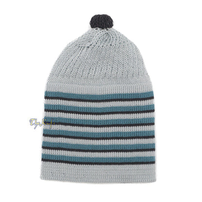 Light Gray with Turquoise and Black Lines Baby/Infant Kufi pom-pom Beanie
