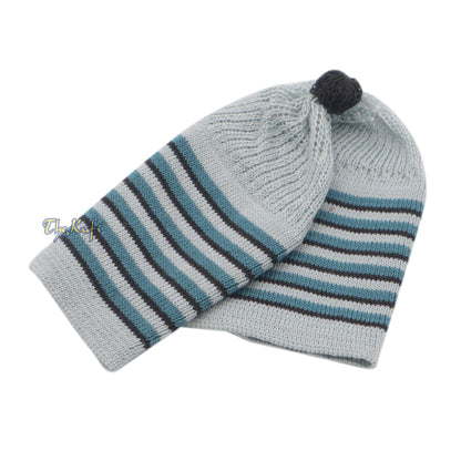 Light Gray with Turquoise and Black Lines Baby/Infant Kufi pom-pom Beanie