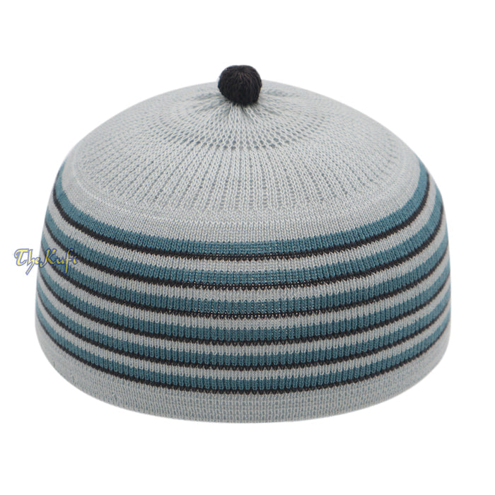 Light Gray with Turquoise and Black Lines Baby/Infant Kufi pom-pom Beanie