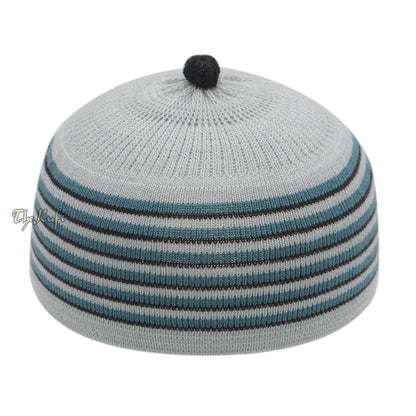 Light Gray with Turquoise and Black Lines Baby/Infant Kufi pom-pom Beanie