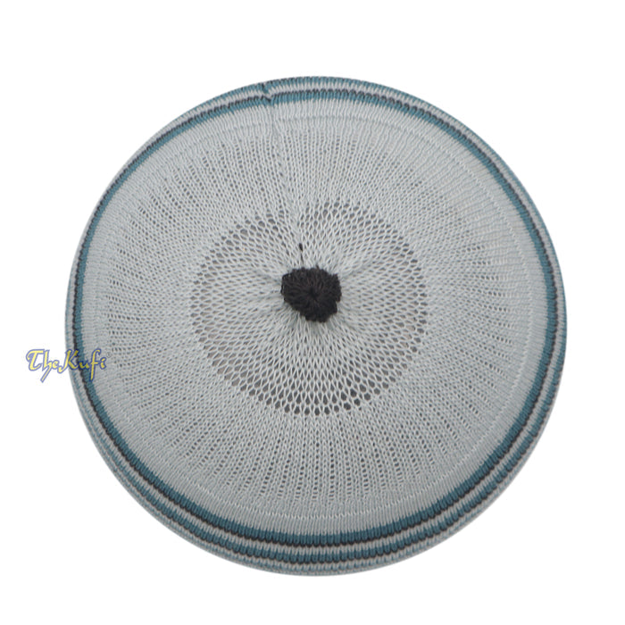 Light Gray with Turquoise and Black Lines Baby/Infant Kufi pom-pom Beanie